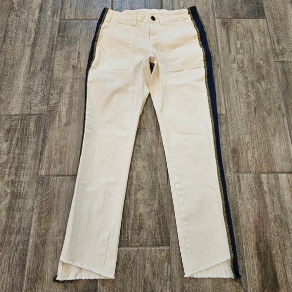 Pam & Gela Side Stripe Step Hem Jeans White Size 25 Cropped Raw Hem Lace Back - Picture 1 of 14